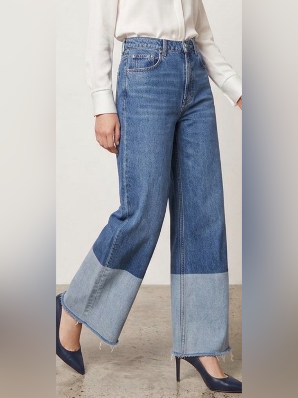 Reformation Wide-Leg High Rise Boho Raw Hem Frayed Two-Tone Blue Jeans Size 30